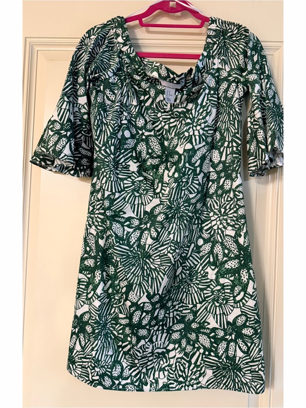 H&M White Dress with Green Floral Print and Ruffled Sleeves